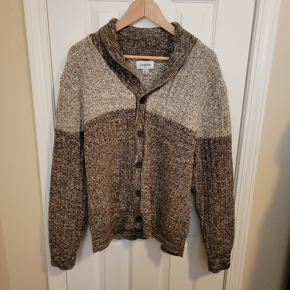Goodfellow Shawl Collar Grandpa Button Cardigan Brown,Cream Evergreen Size XL - Picture 8 of 9